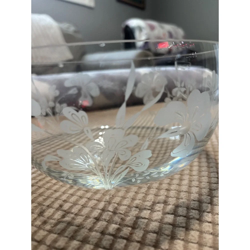 Vintage Etched Glass Floral Serving Bowl Frosted Flower Clear 8 Inch Round
